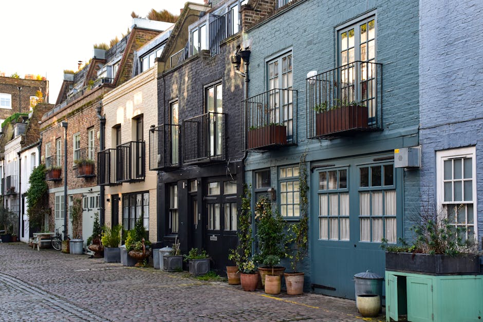 A symmetrical entrance to a Victorian-style terraced house in Hoxton with a staircase leading up to a white door, flanked by small garden beds with green shrubs and plants. The staircase is paved with
